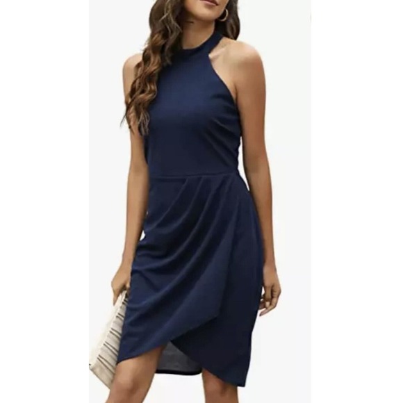 Manydress Womens Halter Ruched Dress Cocktail Bodycon Slim Mini Wrap Dress M - Picture 1 of 16